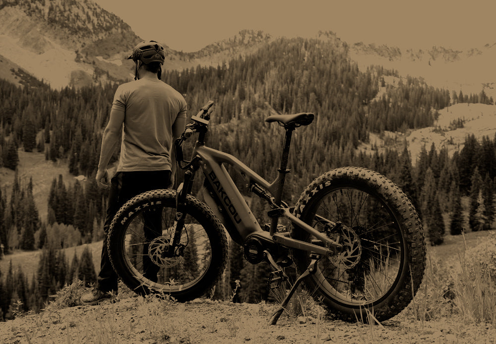 Man looking at the mountains with pine trees with his Scout eBike