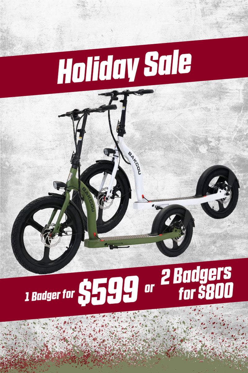 A promotional graphic for a folding electric scooter, showing two views of the scooter against a textured light gray background with red sale banners reading 'Holiday Sale' and pricing text for 'Badger' scooters.