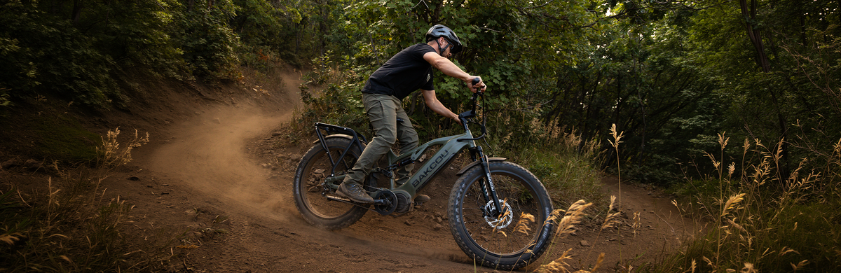 A person riding an electric mountain bike on a dirt trail surrounded by dense green forest, with dust kicking up behind the bike.