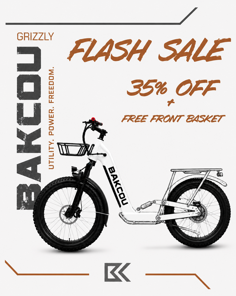 White Bakcou Grizzly eScooter Flash Sale 35% Off +Free Front Basket
