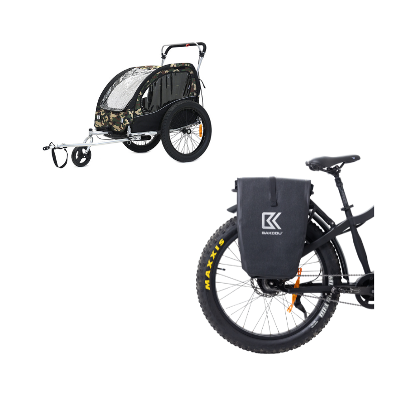 Camouflage little Cub Hauler eBike Trailer with a side pannier bag attached to an ebike