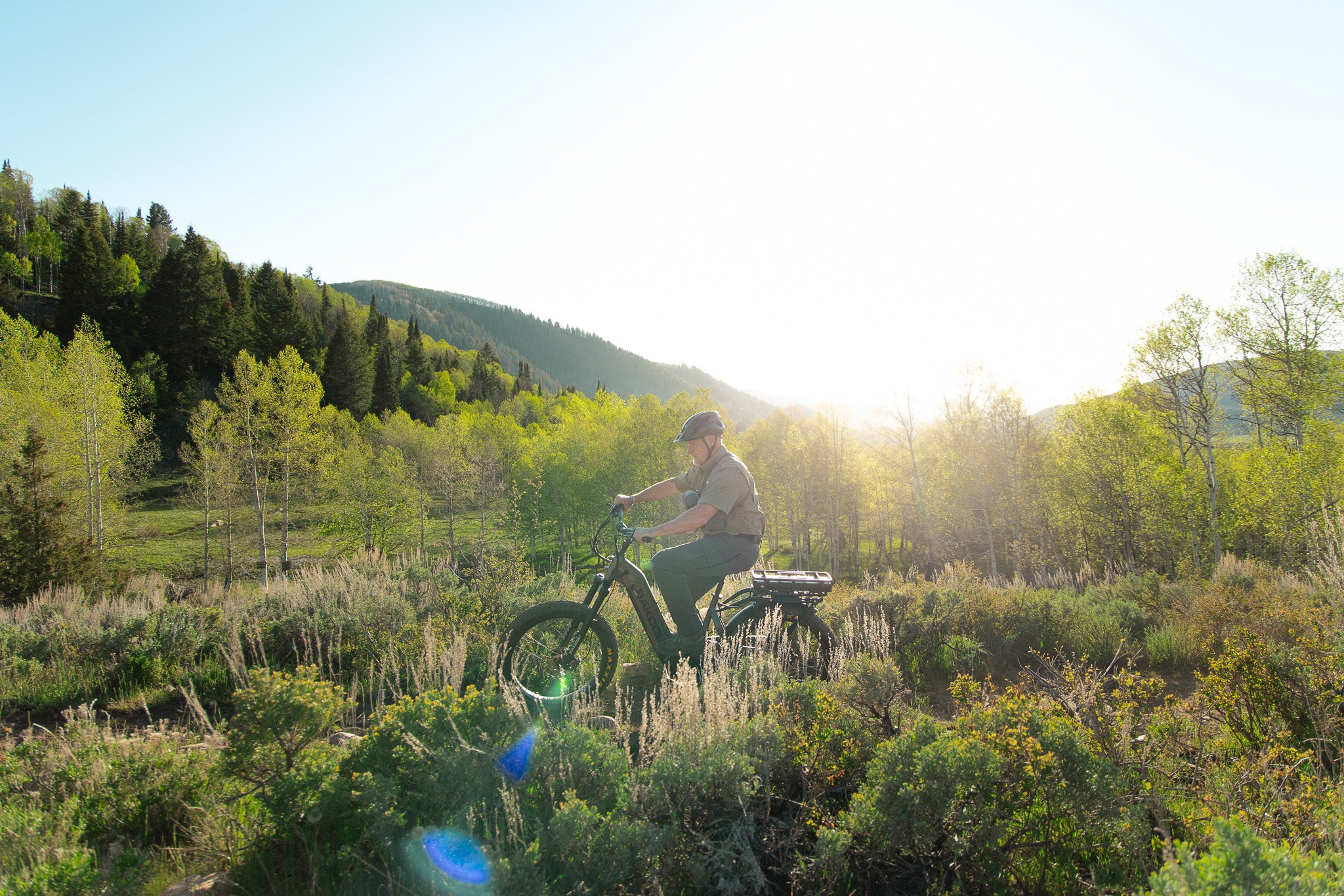 Person riding an eBike through a scenic mountainous area