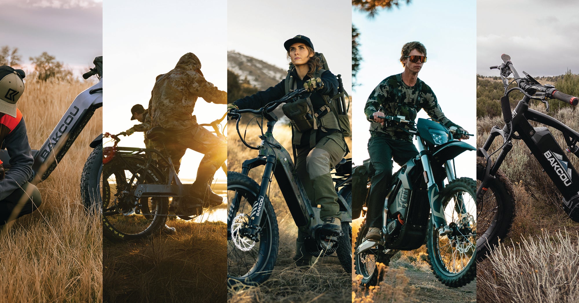 Collage of people riding electric bikes in various outdoor settings