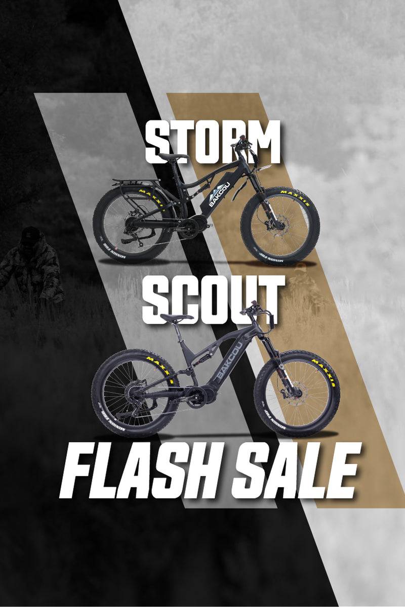 Promotional graphic for a Storm Scout mountain bike sale, showing two views of a black full-suspension mountain bike over a stylized black, white, and tan geometric background with bold white text reading 'STORM SCOUT FLASH SALE'.